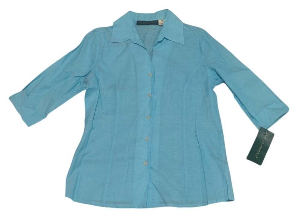 NWT VTG Harvé Benard Solid 100% Cotton Woven Collared Button Blouse 3/4 Sz M